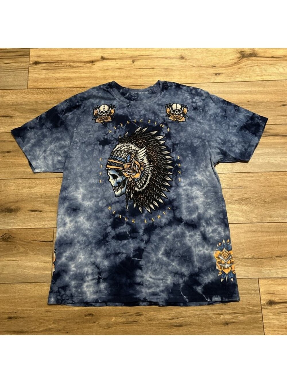 Men's Affliction Indian Skull Headdress Shirt SZ XL Blue Sequins Rock Biker